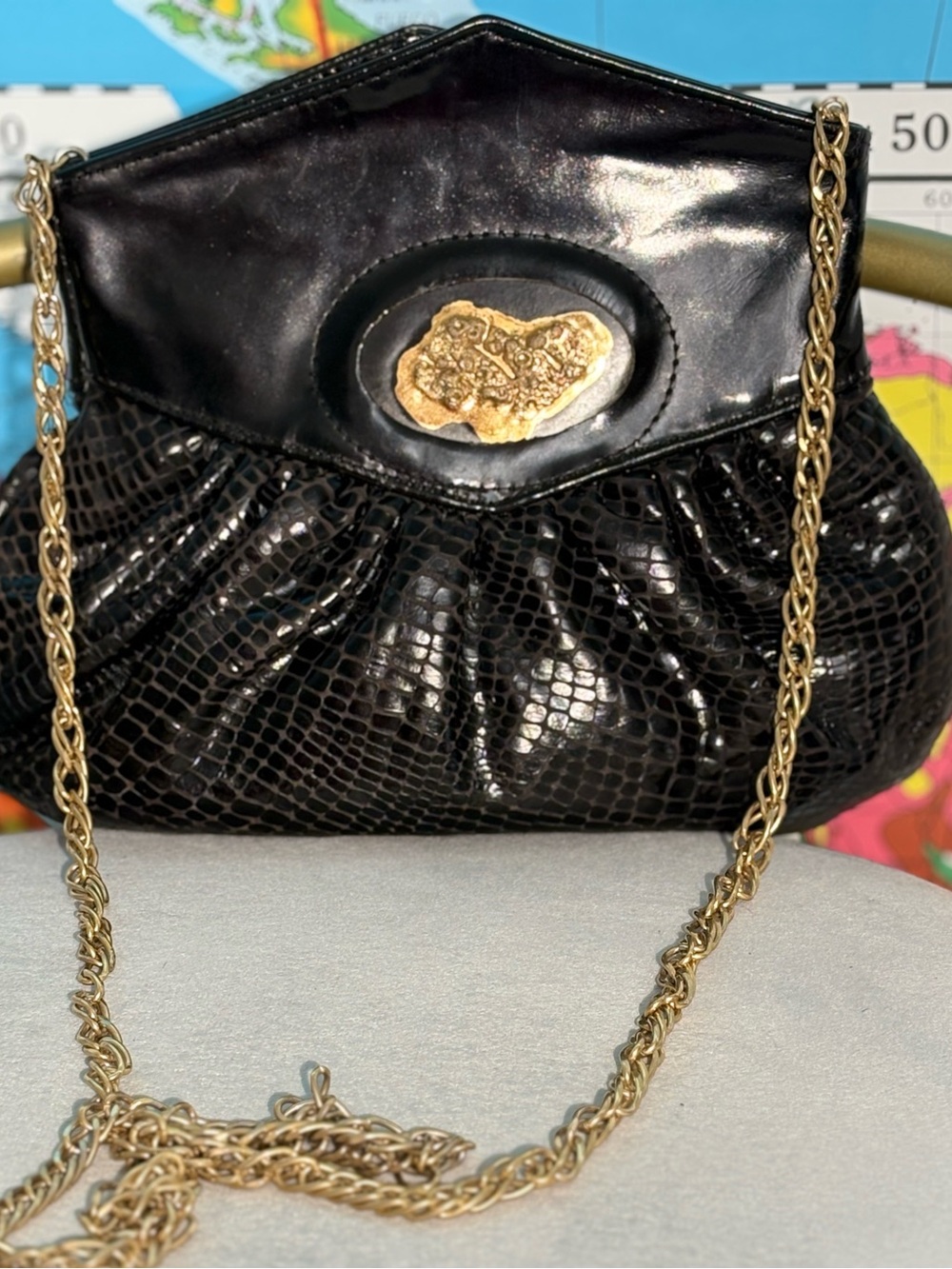Vintage 80s Limar Designs Leather Evening Bag • 24k Gold Dust Ceramic Art Clasp